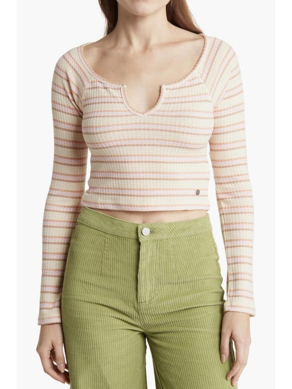 Roxy Waffle Knit Soft Long Sleeve Crop Top Tan NWT Pink Stripes Sz Medium